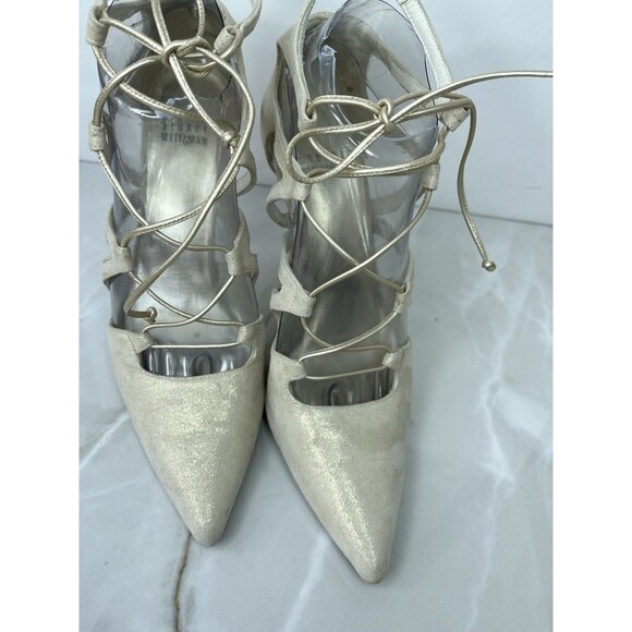 STUART WEITZMAN Excite Gold Suede Pumps Ulta Hi Stiletto Heels Leather Sz 7.5 M - Picture 8 of 15